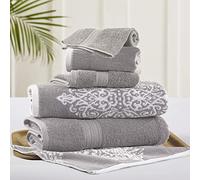 Modern Threads Amrapur Overseas | Artesia Damask 6 Piece Reversible Yarn Dyed Jacquard Towel Set (Grey)