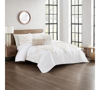 Modern Threads Sabrina Embroidered Comforter Set - 5 Piece White Bed Set with Gold Detailing, Decorative Pillows & Shams, Luxuriously Soft Jacquard Bedding, King