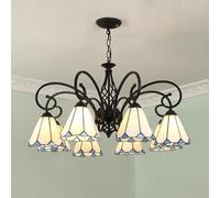 Modern Tiffany Style 8-Light Chandelier - White Stained Glass Cone Pendant Light for Dining Room, Vintage Decorative Hanging Lamp for Elegant Home Decor