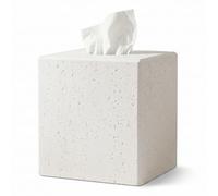 Modern Tissue Box Cover - White Square Decorative Holder with Travertine Effect & Removable Magnetic Base Lid, Heavy Tissue Box Holder for Bathroom Countertop Vanity Office Bedroom Home Decor