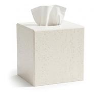 Modern Tissue Box Cover - White Square Decorative Holder with Travertine Effect & Removable Magnetic Base Lid, Heavy Tissue Box Holder for Bathroom Countertop Vanity Office Bedroom Home Decor