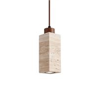 Modern Travertine Pendant Light, Minimalist Cube Hanging Lamp with Wooden Top, Nordic Fixture for Kitchen Island, Dining Room, Bedroom, 6.5cm Width, 18.5cm Height
