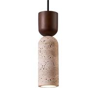 Modern Travertine Pendant Light with Dark Wood Accent Adjustable Height Cylinder Hanging Lamp for Bedroom Bedside Kitchen Island Hallway Foyer