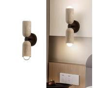 Modern Travertine Wall Sconce - Natural Stone & Wood Up Down Light, 32cm Hardwired E26/e27 Fixture For Ambient Bedroom, Living Room, Hallway, Japandi Home Decor