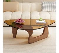 Modern Triangle Glass Coffee Table - Clear Top Vintage Wood Accent Black Legs - Sturdy for Living Room Patio Home