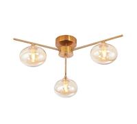 Modern Triple Branch Satin Brass Ceiling Light Fitting with Straight Arms and Light Amber Glass Shades | 15cm x 55cm | 3 x 5w G9 | Class 1 by Happy Homewares