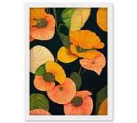 Modern Tropical Lake Flowers Orange Yellow Peach Cream Warm Colours on Dark Green Artwork Framed Wall Art Print A4 Artery8 White One Size