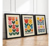 Modern Tulip Garden Mid-Century Set of 3 Framed Wall Art Prints A3