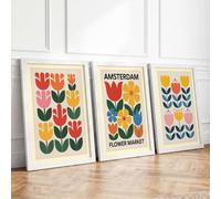 Modern Tulip Garden Mid-Century Set of 3 Framed Wall Art Prints A4