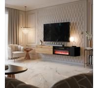 Modern Tv Cabinet Bamali 200X38X30 Cm Electric Fireplace Black And Wotan Color Wall Mounted Unit Heating Function