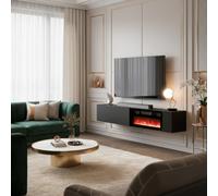 Modern Tv Cabinet Bamali 200X38X30 Cm Electric Fireplace Black Color Wall Mounted Unit With Heating Functionality