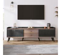 Modern TV Cabinet with 2 Centre Drawers and Striped Sliding Doors, Storage Stand with Raised Top Edge, 160L x 40W x 58H cm, Black+Wood Aosom UK