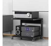 Modern Two-Tier Printer Stand with Wheels - Wooden AV Media Console Shelf Corner Design Storage for Stereo Racks and Audio Towers Ideal for Living Room Entertainment Center