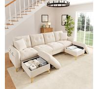 Modern U-Shaped Modular Sleeper Sofa with 2 Storage Ottomans, Soft Convertible Couch 2 Decorative Cushions, 263L x 137W x 85H cm, Beige Aosom UK
