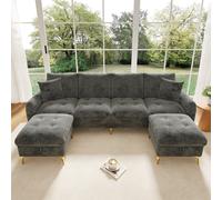 Modern U-Shaped Modular Sleeper Sofa with 2 Storage Ottomans, Soft Convertible Couch with 2 Decorative Cushions, 263L x 137W x 85H cm, Gray Aosom UK