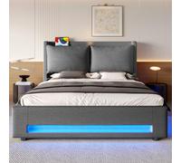 Modern Upholstered Bed with Dual USB-C Ports and LED Lighting, Bed Frame with Hydraulic Lift Storage, 152.5L x 210W x 114H cm, Dark Gray Aosom UK