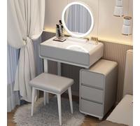 Modern Vanity Desk Set with Mirror Lights Adjustable Brightness 3 Lighting Modes Textured Slate Countertop Makeup Table with Drawer & Stool Stylish Design for Beauty Enthusiasts