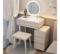 Modern Vanity Desk Set with Mirror Lights Adjustable Brightness Textured Slate Top Makeup Table with Storage Drawer & Stool 3 Lighting Modes for Beauty & Style
