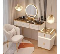Modern Vanity Set with Chair, LED Makeup Table, 3 Brightness Levels, 5 Drawers, Wireless Charging Station, Bluetooth Speaker, Gold & White Decor