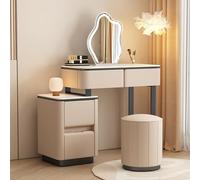 Modern Vanity Table with LED Mirror Upholstered Stool & Side Cabinet Stylish Makeup Desk for Bedroom/Dressing Room Girls & WomenKhaki Color
