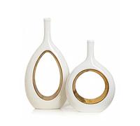 Modern Vases for Décor, Home Decorative Vases for Flowers, White Gold Vase for Shelf Décor, Table Décor, Ceramic Vase for Bookshelf, Fireplace Mantle, Centerpieces, Farmhouse,Rustic Décor,Set of 2