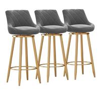 Modern Velvet Bar Stool Set of 3 Swivel Bar Chairs with Upholstered Backrest & Gold Metal Footrest for Kitchen Dining Island Gray 75cm