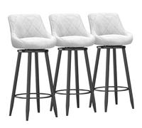 Modern Velvet Bar Stool Set of 3 Swivel High Chairs with Backrest Upholstered Black Metal Footrest for Kitchen Island Dining Room White 65cm