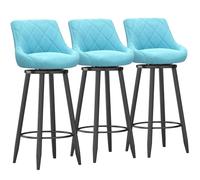 Modern Velvet Bar Stool Set of 3 Swivel Upholstered Bar Chairs with Backrest & Black Metal Footrest for Kitchen Island Dining Room Light Blue 65 cm