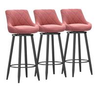 Modern Velvet Bar Stool Set of 3 Swivel Upholstered Bar Chairs with Backrest & Black Metal Footrest for Kitchen Island Dining Room Pink 75 cm