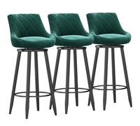 Modern Velvet Bar Stool Set of 3 Swivel Upholstered Bar Chairs with Backrest & Black Metal Footrest for Kitchen Island Dining Room 65cm Green