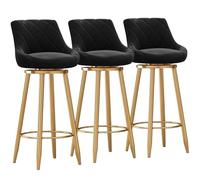 Modern Velvet Bar Stool Set of 3 Swivel Upholstered Bar Chairs with Backrest & Gold Metal Footrest for Kitchen Island Dining Room Black 75 cm