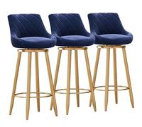 Modern Velvet Bar Stool Set of 3 Swivel Upholstered Chairs with Backrest & Gold Metal Footrest for Kitchen Island Dining Room 75 cm Blue