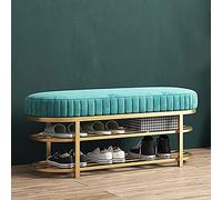 Modern Velvet Entryway Bench with Gold 2-Tier Shoe Rack, Stylish Blue Shoe Storage Seat, Perfect for Hallway, Dimensions: 60x32x43cm