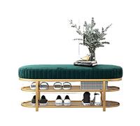 Modern Velvet Entryway Bench with Gold 2-Tier Shoe Storage, Green Color, Stylish Hallway Seating, Space-Saving nizer, Dimensions: 60x32x43cm