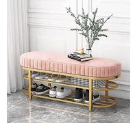Modern Velvet Entryway Bench with Gold Shoe Rack, 2-Tier Storage, Pink Color, Stylish and Functional, Ideal for Shoes, 60x32x43cm