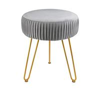 Modern Velvet Round Footstool with Gold Legs - Stylish Upholstered Makeup Vanity Ottoman Pouffe for Living Room & Bedroom - Chic Plissé Accent Chair for Home Decor