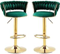 Modern Velvet Swivel Kitchen Counter Stools Set of 2 with Adjustable Height and Gold Footrest Base for Home Dining