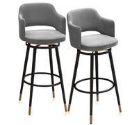 Modern Velvet Swivel Stool Set of 2 Counter Height Bar Chairs with Metal Legs & Hollow Back Stylish UpholsterBreakfast Chairs for Kitchen Island Grey 65 Black Legs