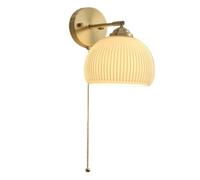 Modern Vintage All Copper Wall Sconce White Pleated Glass Shade Lamp Pull Chain Switch Light for Bedside Hallway Living Room Lighting Fixture