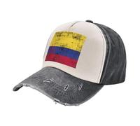 Modern Vintage Blend, Distressed Washed Denim Dad Hat with Colombia Flag Design, Contemporary Retro Unisex Adjustable 4 One Size