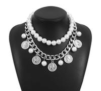 Modern Vintage Double Layer Imitation Pearls Bead Choker Medallions Pendant Necklace Accessory For Fashion Lovers
