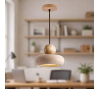Modern Wabi Sabi Hanging Lamp Pendant Light Natural Travertine Stone Shade Solid Wood Ball LED Height Adjustable Nordic Chandeliers for Kitchen Island Dining Room
