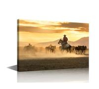 Modern Wall Art 1 Panel Cowboy Who Runs a Herd of Wild Horses Pictures Print on Canvas for Home Office Wall Decoration, Wooden Framed Gallery-Wrapped Ready to Hang, 36" Wx24 H