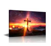 Modern Wall Art 1 Panel Crucifixion At Sunset Of Jesus Christ Cross On Hill Pictures Print on Canvas for Living Room Bedroom Wall Decoration, Wooden Framed Ready to Hang, 18"Wx12"H