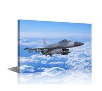 Modern Wall Art 1 Panel Fighter Jet Plane in Flight, Army Airplane Flying in Cloudy Sky Pictures Print On Canvas for Home Decoration, Framed Gallery-Wrapped Ready to Hang, 18" Wx12 H