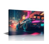 Modern Wall Art for Living Room 1 Panels Supersport Car Parked on the Street at Cyberpunk City Illuminated with Neon Lights for Home Office Wall Decoration, Ready to Hang, 24"Wx16"H