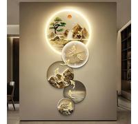 Modern Wall Clock 3D Wall Mural with Clock, Wall Sculpture Painting Decoration with Led, Chinese Wall Art Decorations Lamp for Home, Entrance, Hallway, Bedroom(Gold,Small)