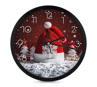 Modern Wall Clock Battery Operated, 10 Inch Round, Silent Non-ticking, Analog Display, Decorative White Snowflake Red Christmas Hat (2) Digital Wall Clock for Living Room Classroom Office Decor