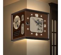 Modern Wall Clock Double-Sided Corner Clock with Light, Corner with Decorative Paintings, Sensor Luminous Corner Clock for Living Room, Bedroom(Brown,Large(15.7in))
