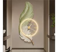 Modern Wall Clock Light Luxury Feather Entrance Decoration Paintings, Acrylic Corridor Wall Paintings with Clocks Facing The Entrance(Green,Large)